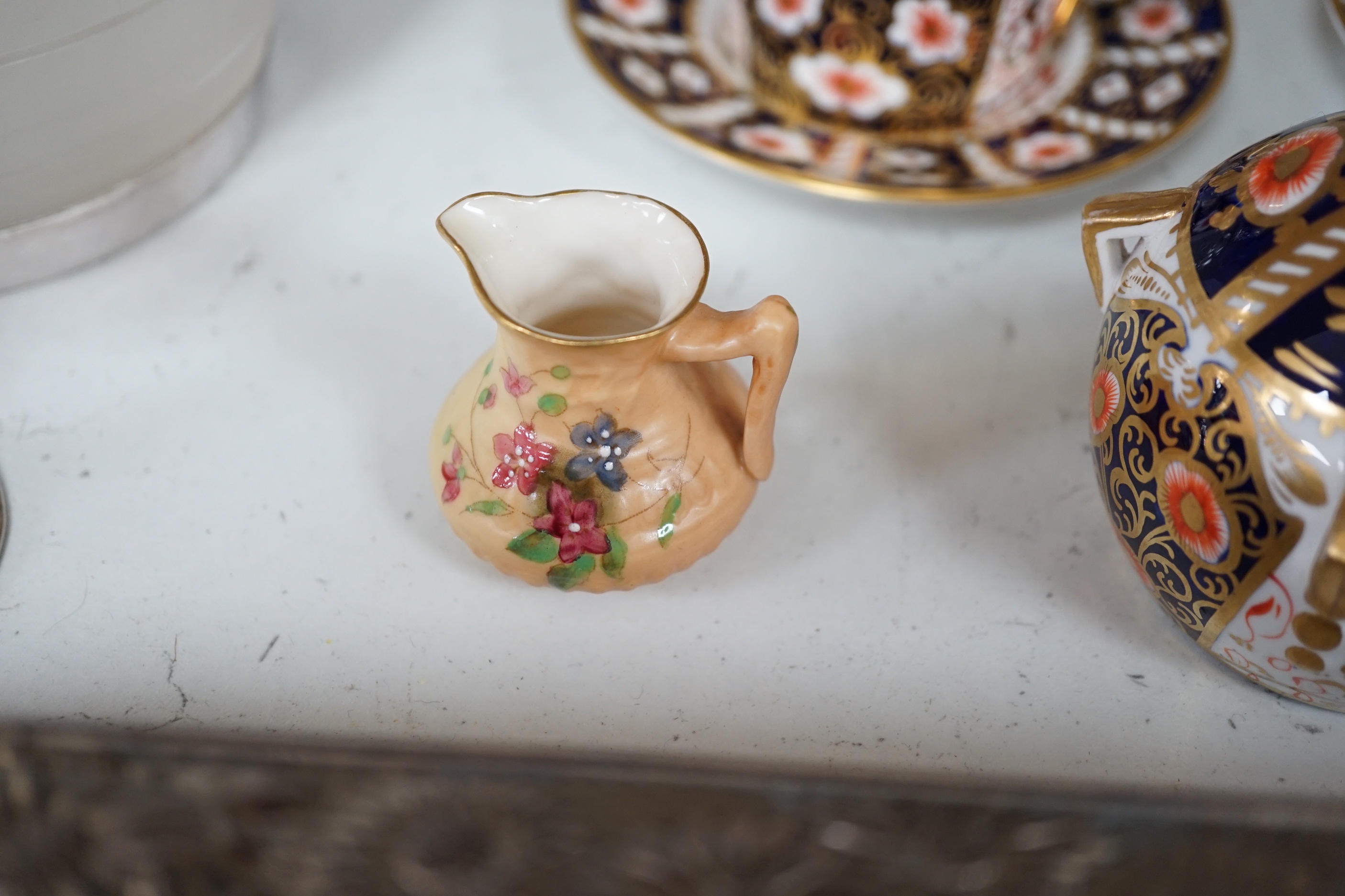 A quantity of items including two glass carafes, glass biscuit barrel, metal box, a Royal Crown Derby coffee set, etc (14)